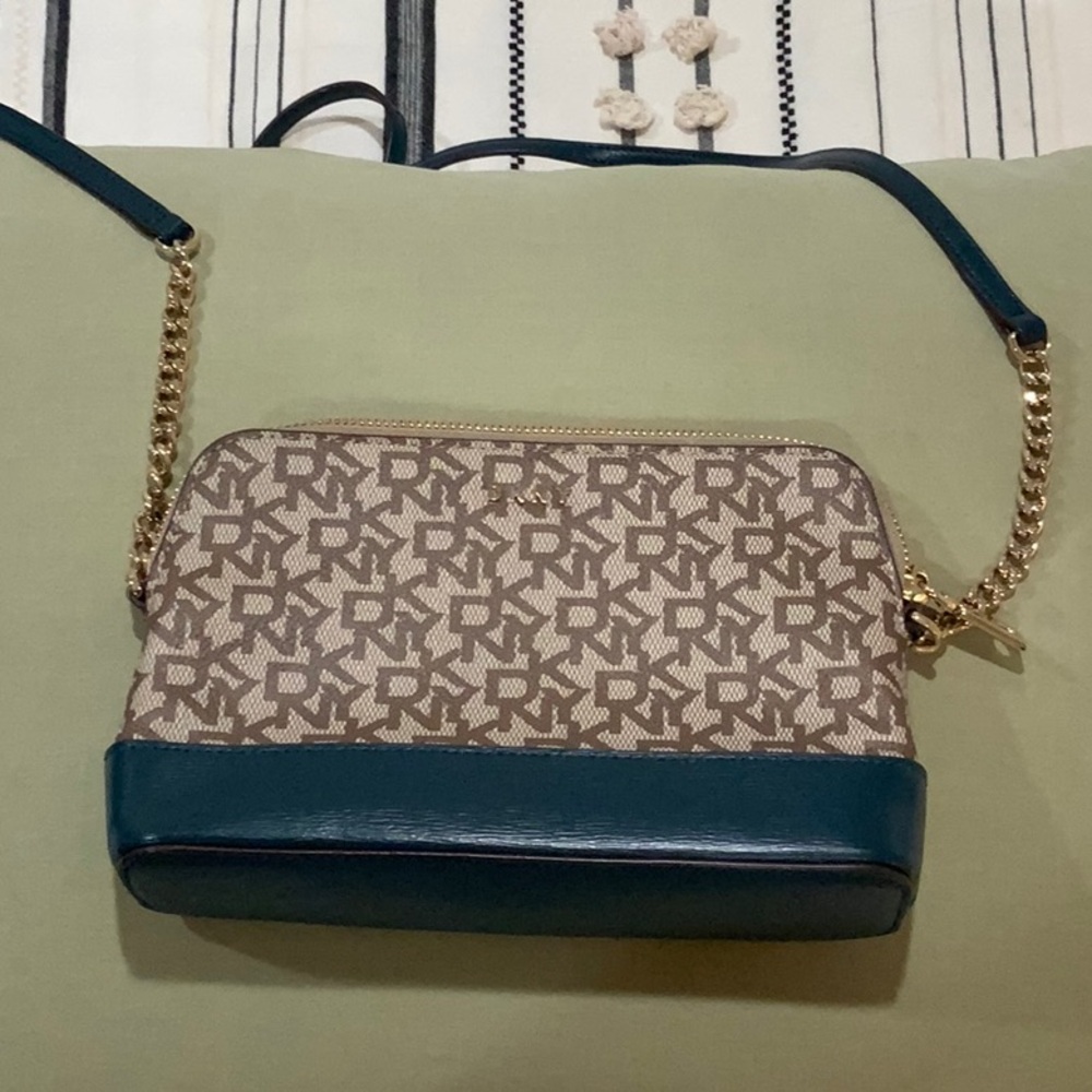 Stylish Brown and Teal Women's Bag DKNY Top zip Faux leather Crossbody bag